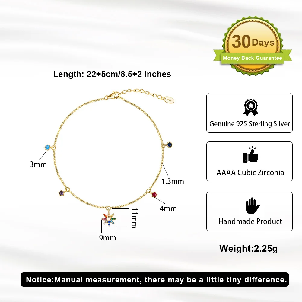 KISS MANDY Genuien 925 Sterling Silver Foot Chain With AAAA Muti-Colors CZ Simple Ankle Jewelry for Women Birthday Gift SA69