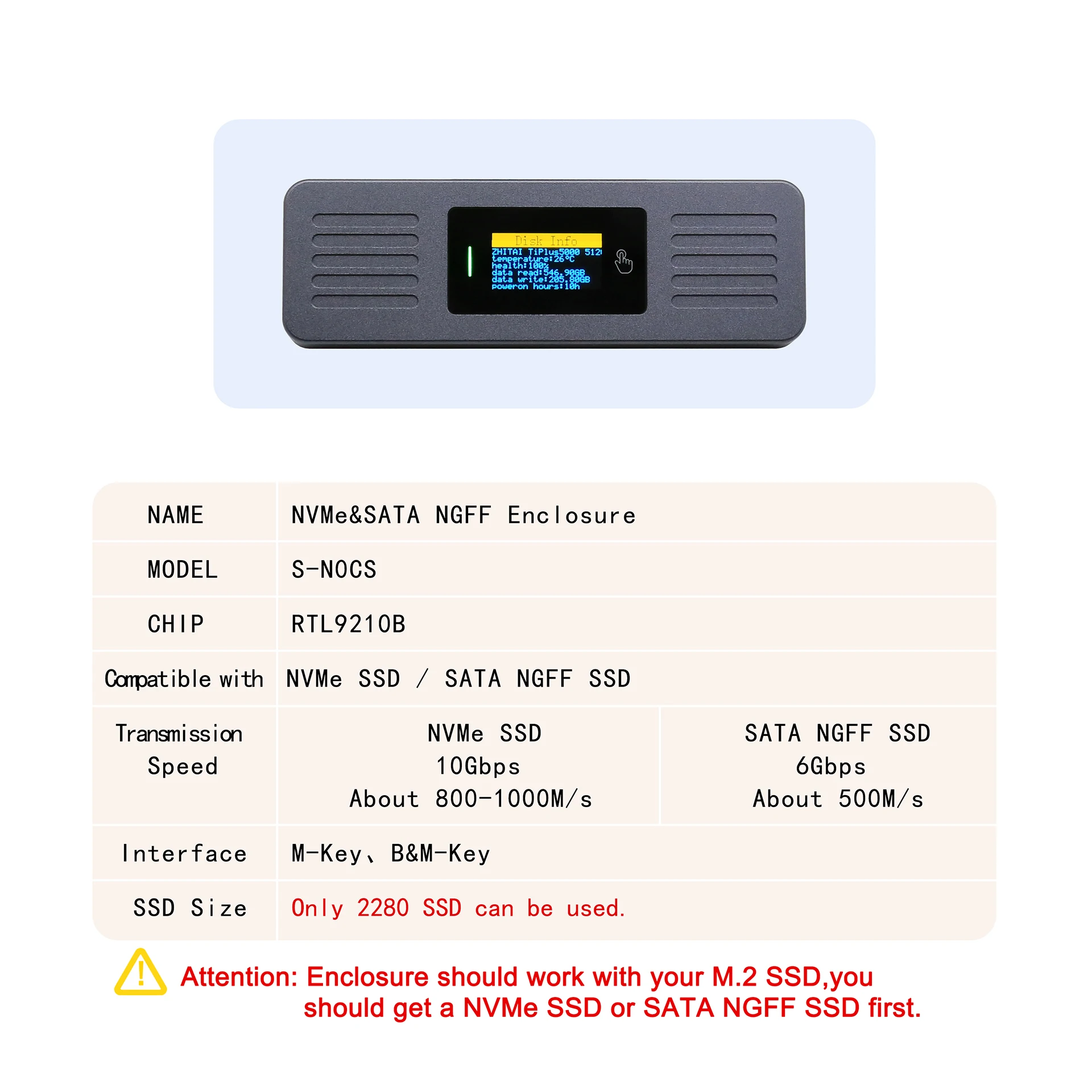 9210B M.2 NVMe/SATA NGFF SSD Enclosure Adapter Screen Display USB 3.2 Gen2 M2 Case Aluminum External Reader