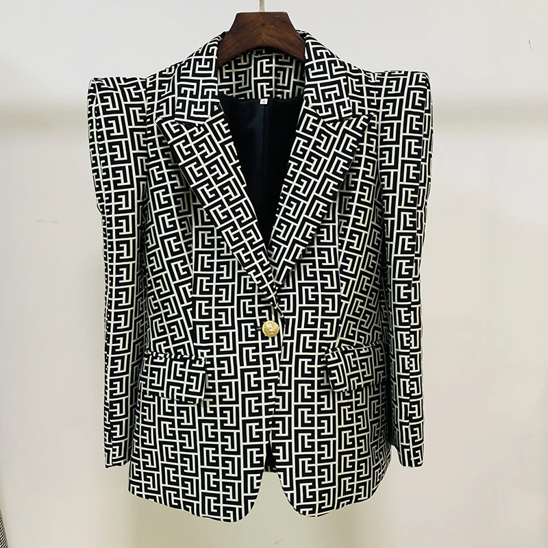 

2023 HIGH QUALITY Newest Designer Stylish Jacket Women Peak Shoulder Geometric Monogram Jacquard Single Button Blazer