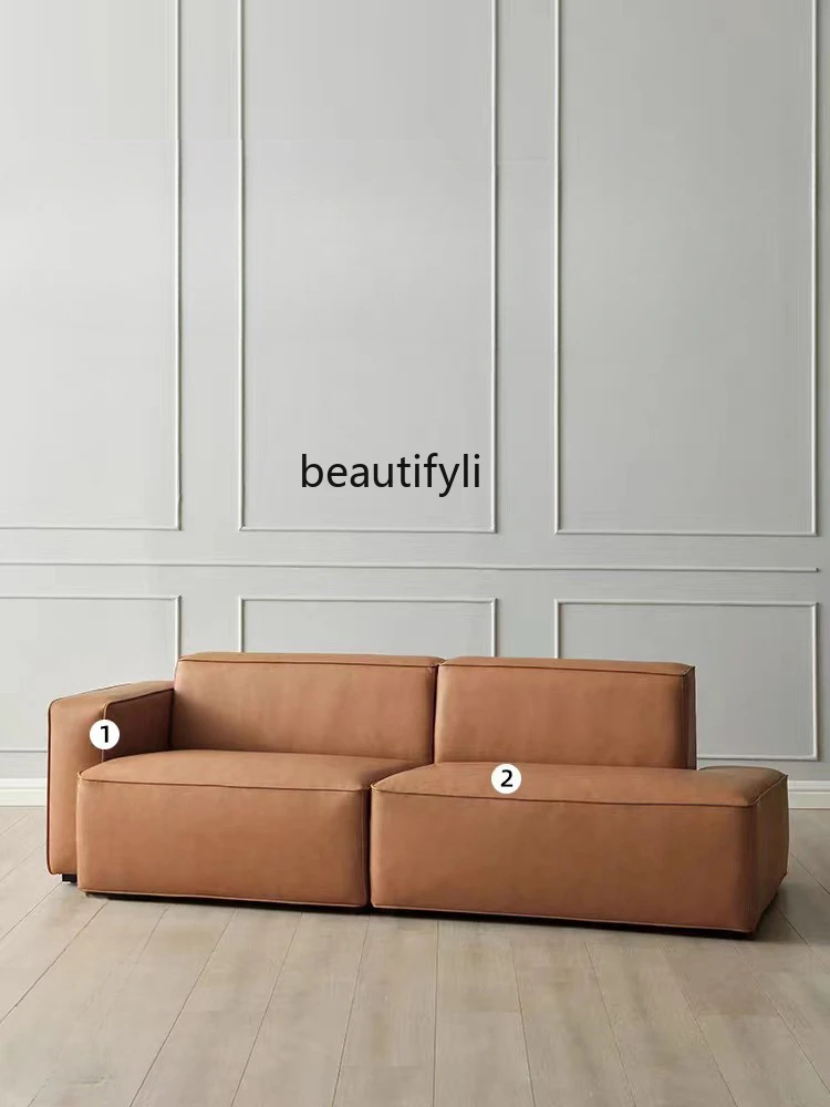 

Nordic Light Luxury Faux Leather Waterproof Sofa Vintage Tofu Block Three-Seat Module Sofa