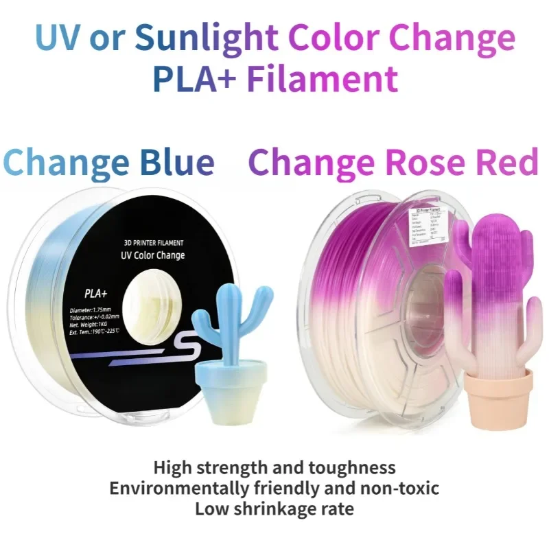 PLA + 3D 프린터 필라멘트, UV 또는 햇빛 색상 변경, 블루/로즈 레드 PLA + 필라멘트 1.75mm, 치수 정확도 +/-0.03mm, 1kg