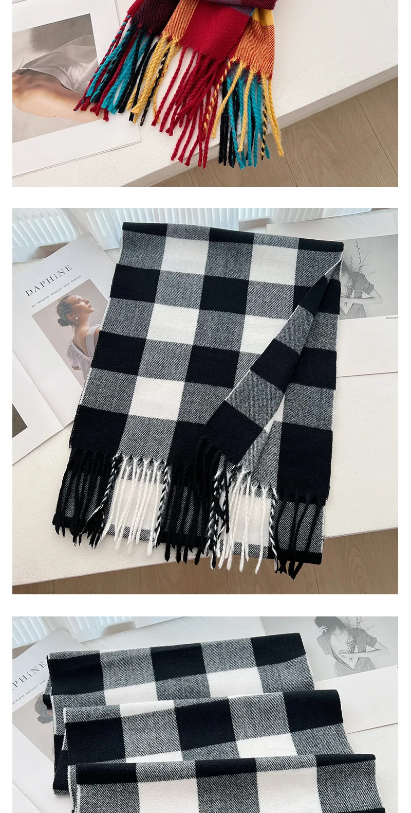 2024 mode Regenbogen Farbe Block Plaid Designer Winter Schal Frauen Kaschmir Schal Streifen Decke Wrap Outdoor Reise Warme Dame – Detail 5