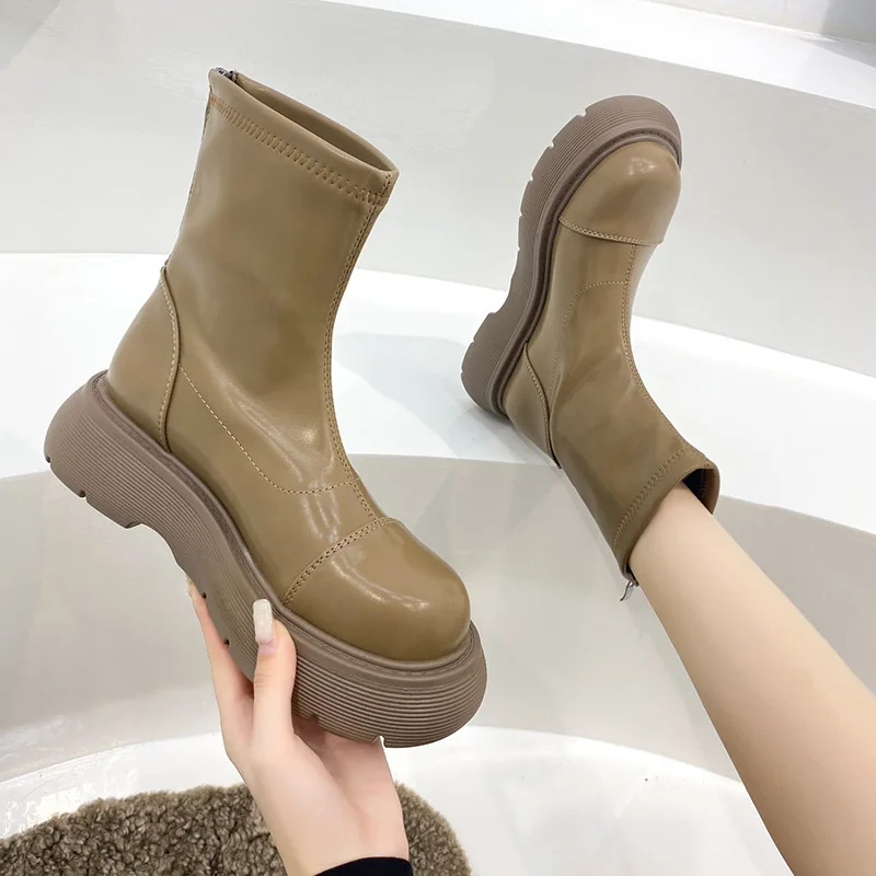 NEW Leather Ankle Boots for Women Motorcycle Black Boots Women Platform Boots Thick Heel Winter Shoes Booties Zapatos Mujer