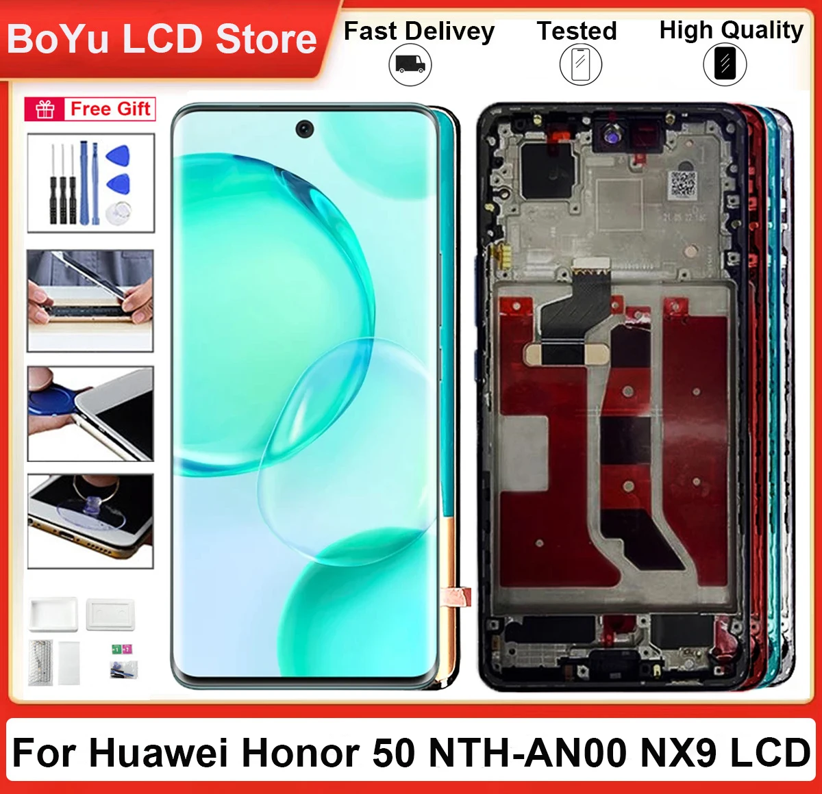 

New 6.57" 100% Original AMOLED Screen For Huawei Honor 50 NTH-AN00 NTH-NX9 With Frame LCD and Touch Display Digitizer Assembly