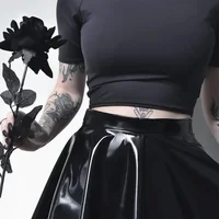 Womens Shiny PVC  Patent Leather Skirt Sexy Wet Look Leather Pleated Skirt Front Bodycon Elastic Latex Mini Short Skirt - Image 3