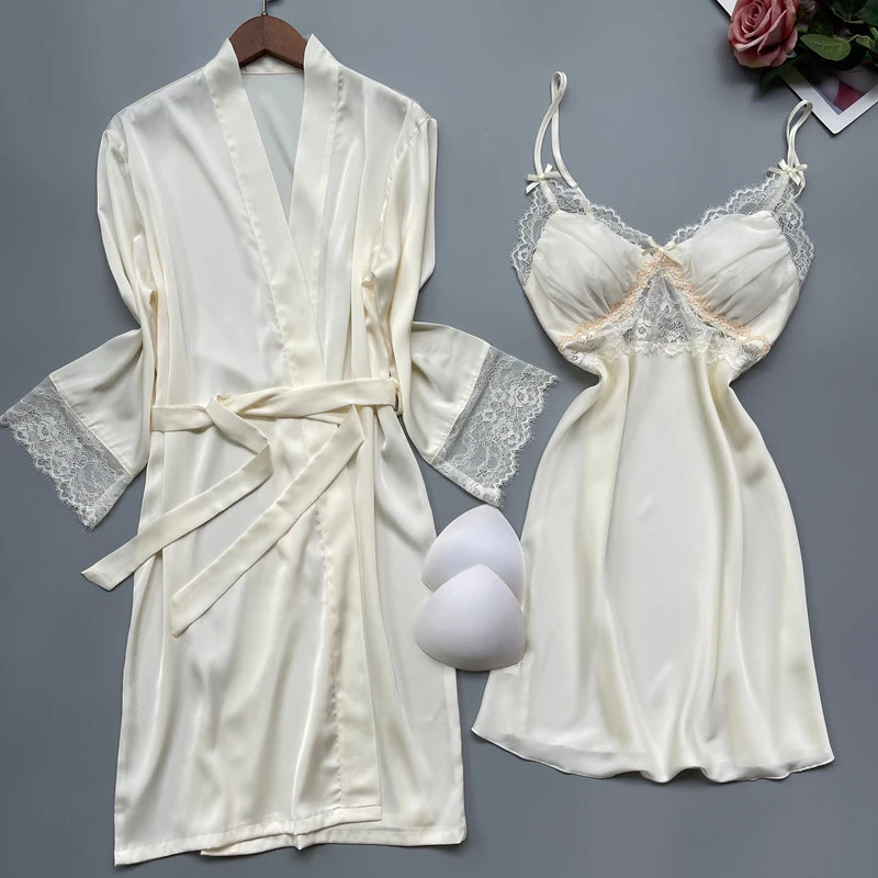

Patchwork Lace Suspender Nightgown Sexy Wedding Robe Sleepwear Two Piece Set Summer Female Bathrobe Nightwear Rayon Home Dress