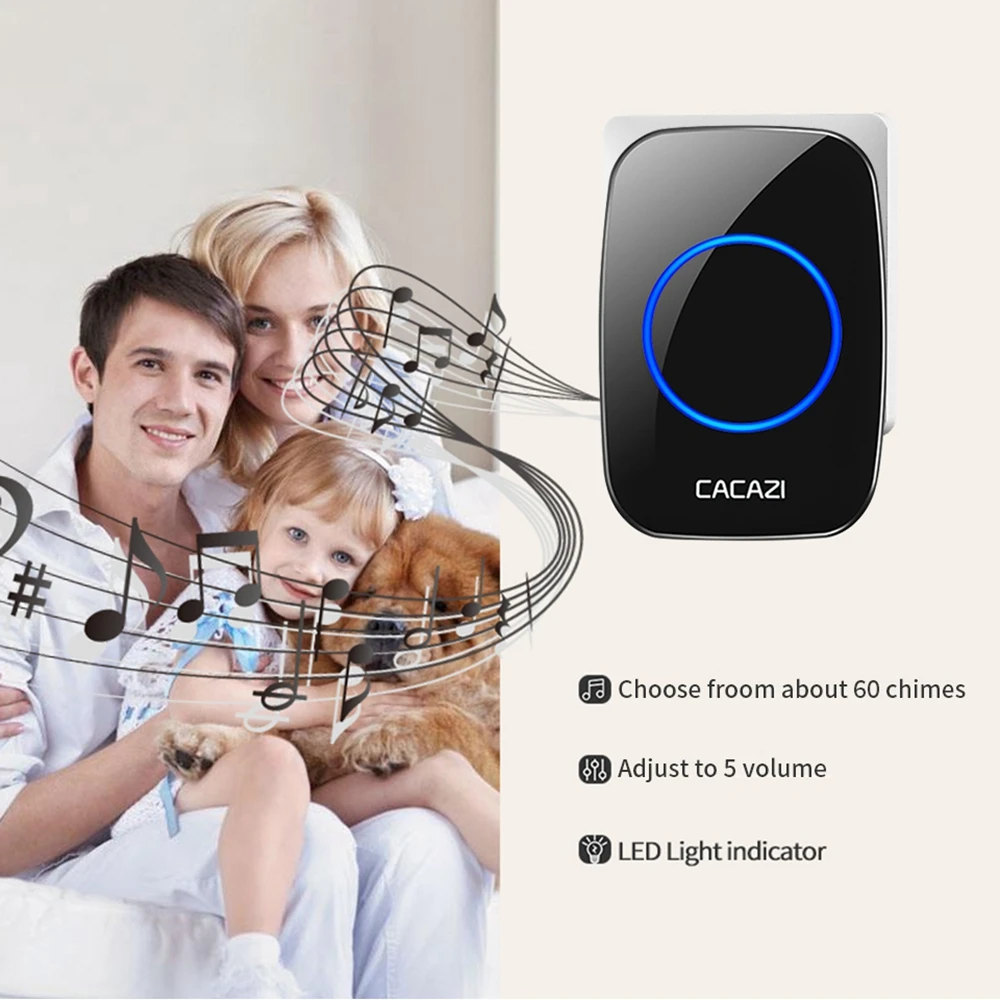 CACAZI Wireless Waterproof Self-powered Doorbell No Battery Required 3 Transmitter 1 Receiver US EU UK AU Plug Home Ring Bell
