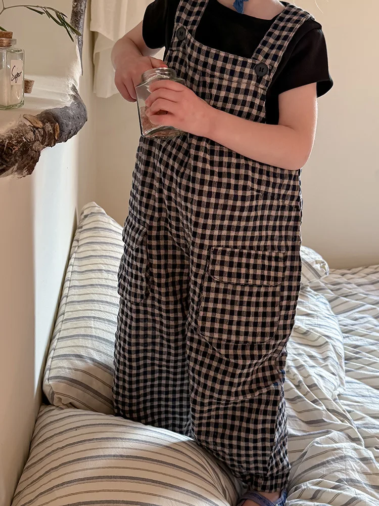 2025 Spring New Children Plaid Overalls Cotton Boys Thin Casual Pants Breathable Baby Girls Loose Strap Trousers Kids Clothes