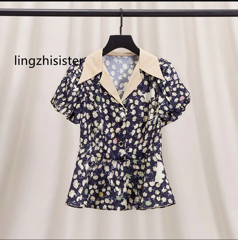 

Women Print Blouse Exquisite Slim Chiffon Floral Short Sleeve Top Female Summer Short Elegant Shirt Silk Collar Turn-Down Collar