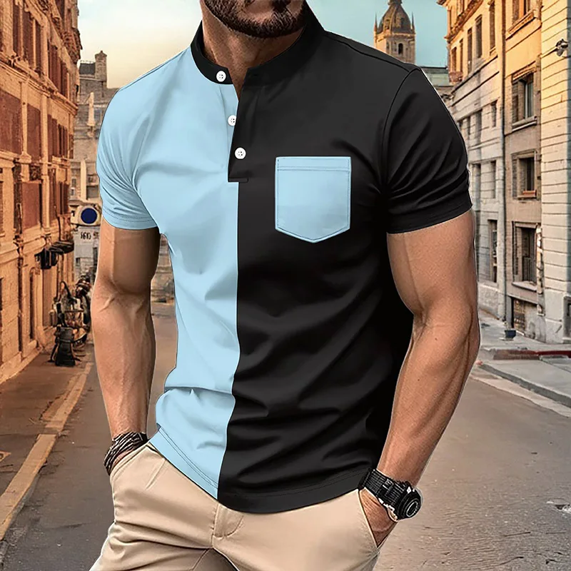 

2024 Summer Men's Short sleeved Polo Shirt Classic Pocket Fashion Panel Henley Shirt Men's Casual Polo Shirt