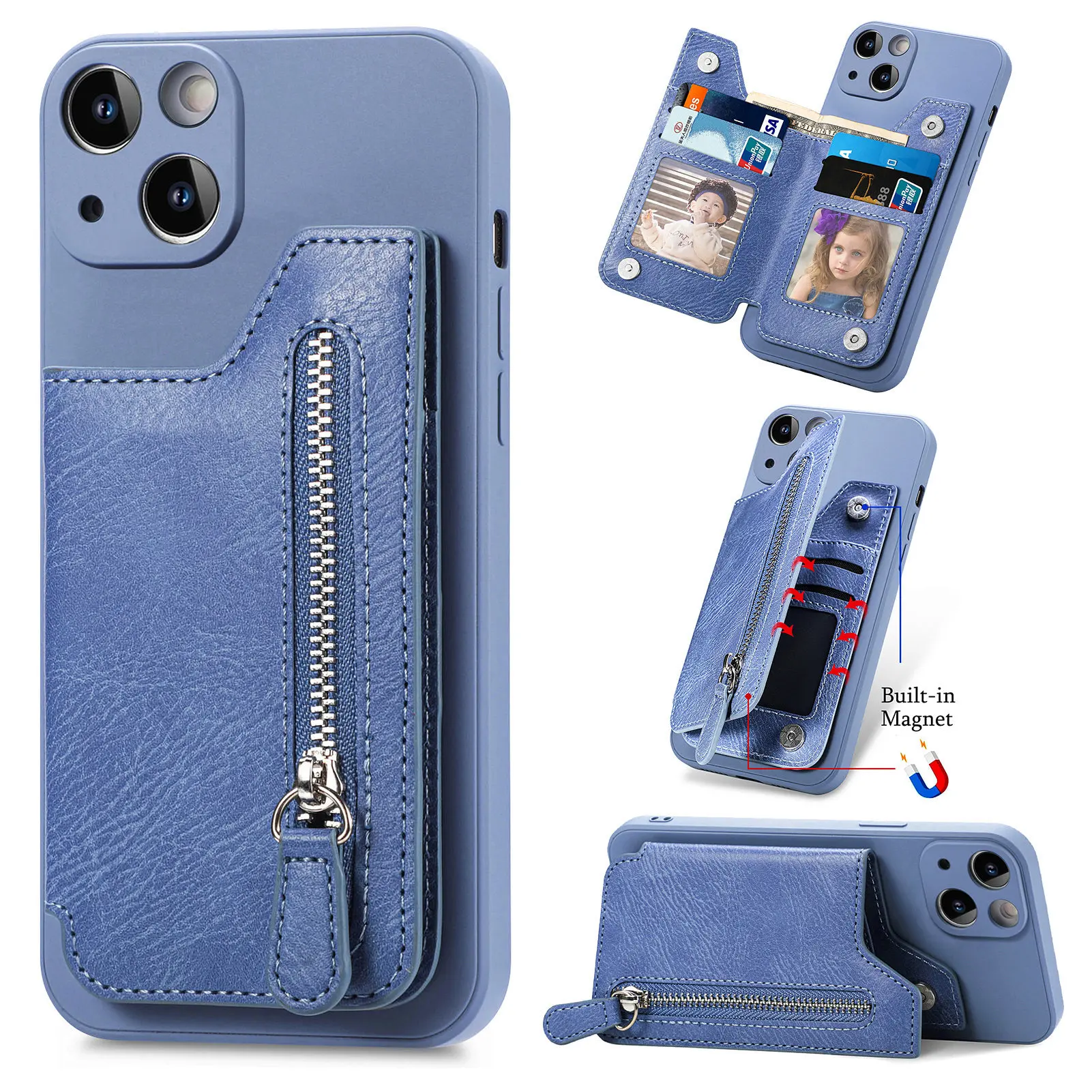 Luxury Leather Zipper Wallet Case with Card Slots and Magnetic Holder - Anti-Drop Protection
