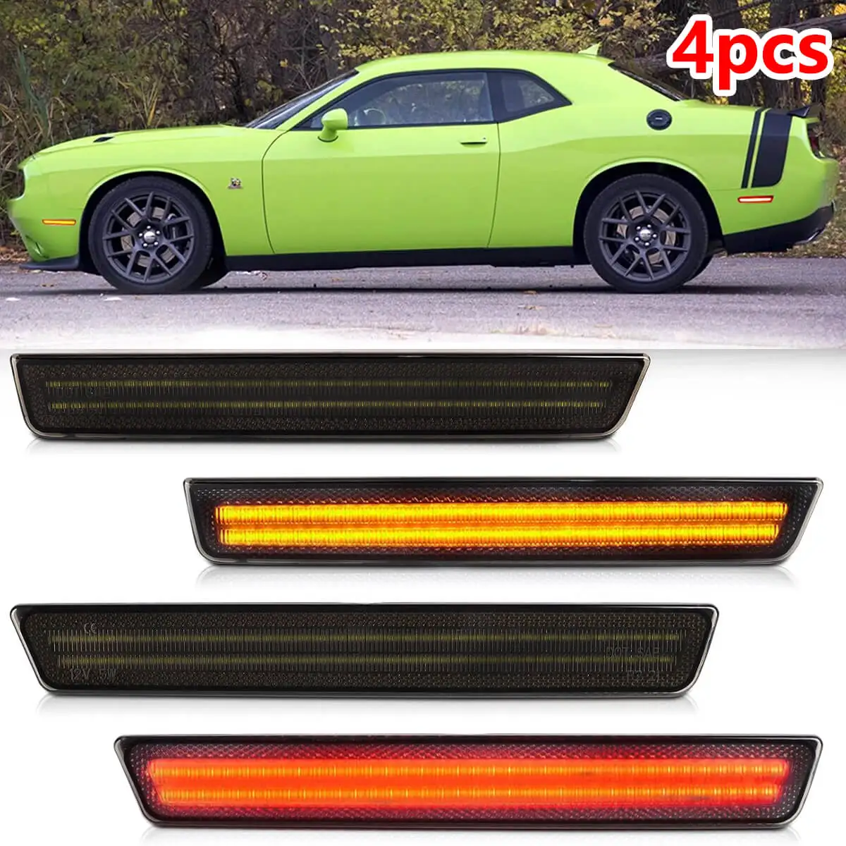 

For Dodge Challenger 2015-2023 Car Accsesories Smoked Lens Front Rear Bumper LED Side Marker Light Amber&Red Lamp Plug and Play
