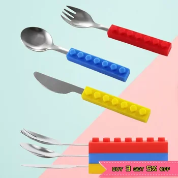 창의적인 실리콘 스테인리스 스틸 브릭, 휴대용 여행, 성인 수저 포크 피크닉 세트, 어린이 식기류 선물, 3 개