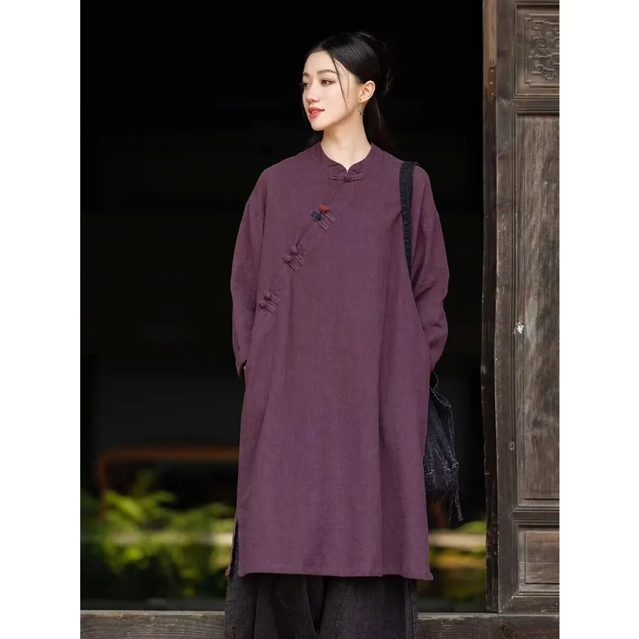 Chinese Style Cotton Linen Dress Autumn Buddhist Zen Clothing Layperson Clothing Diagonal Placket Buckle Robe Retro Cheongsam