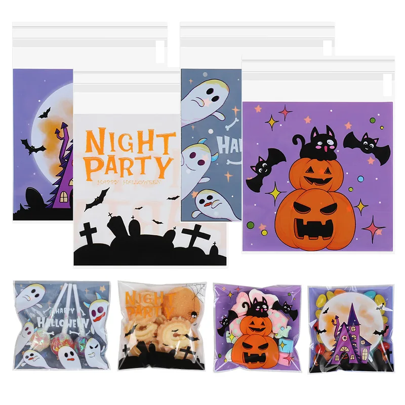 100-300Pcs Halloween Süßigkeiten Taschen Selbstklebende Kunststoff Snack Cookies Geschenk Wrap Tasche Halloween Party Dekoration Lieferungen Kinder geschenk – Detail 1
