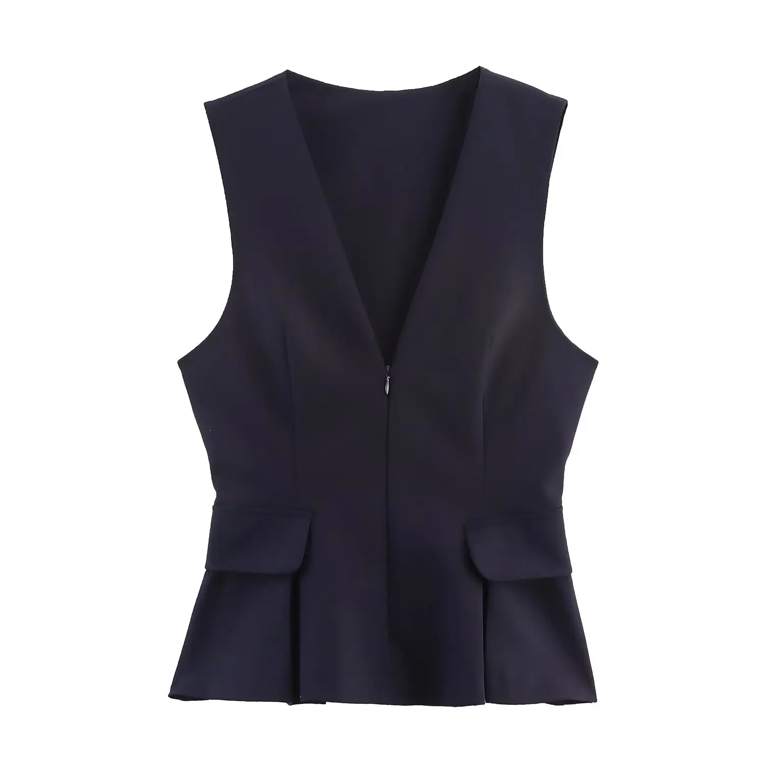Women'S Vest Tank Top Solid Color Sleeveless V-Neck Short Top Zipper Fly Unique Skirt Hem Design Elegant Temperament Waistcoats