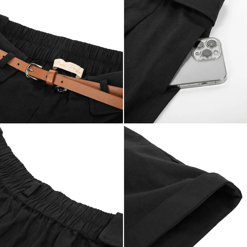 Belle Poque Women Bermuda Shorts With Belt Elastic Elegant High Waist Wide Leg Shorts With Pockets Vintage Summer Short Pants A3