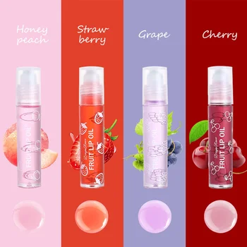 4Pcs Peach Strawberry Cherry Grape Roll-on Lip Balm Set Moisturizing Clear Transparent Lip Oil Hydrating Gloss Makeup