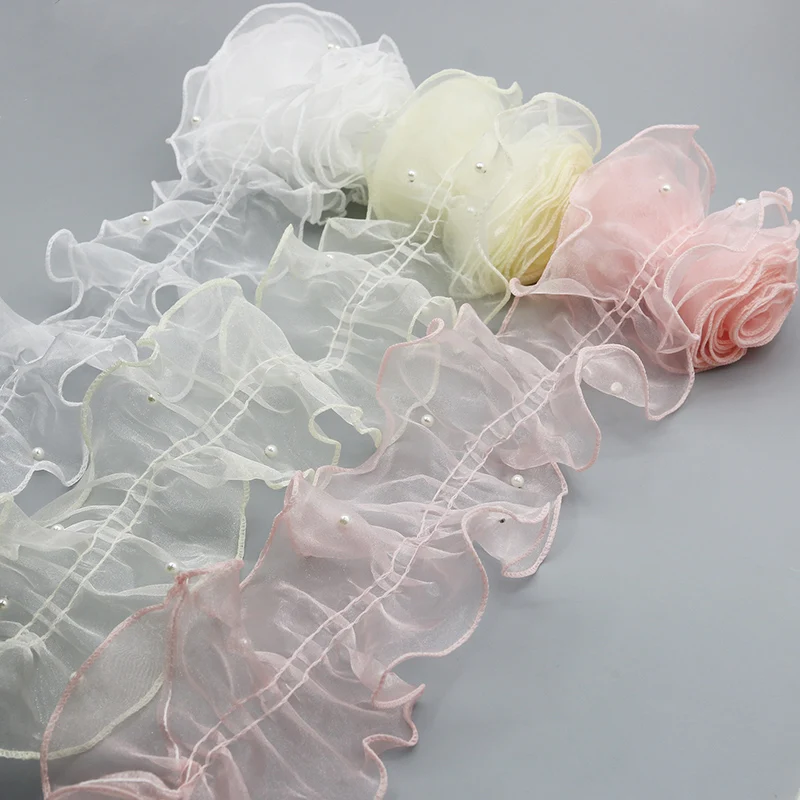 (2Meters/pack) 11Cm French Lace Voile Fabric Pleated Ribbon Pearl Trim Snow Yarn Ruffles Laces Garments Skirts Diy Wedding