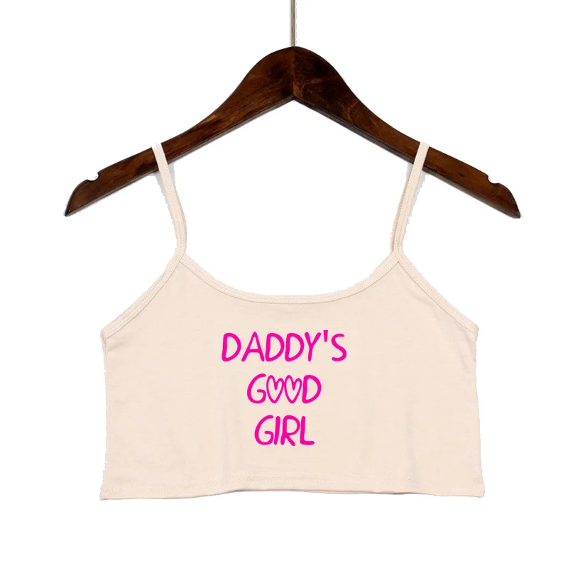 DADDYS GOOD GIRL 핑크 레터 프린트 크롭탑 여성용, 신축성 코튼 카미스, 민소매 짧은 탱크탑, 바 탑, 섹시한 여름