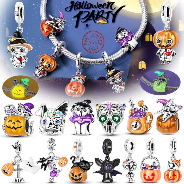 Halloween Charm Bead Pendant 925 Sterling Silver Pumpkin Witch Doll Skeleton Mummy Candy Charm Fit Original Bracelet DIY Jewelry 1