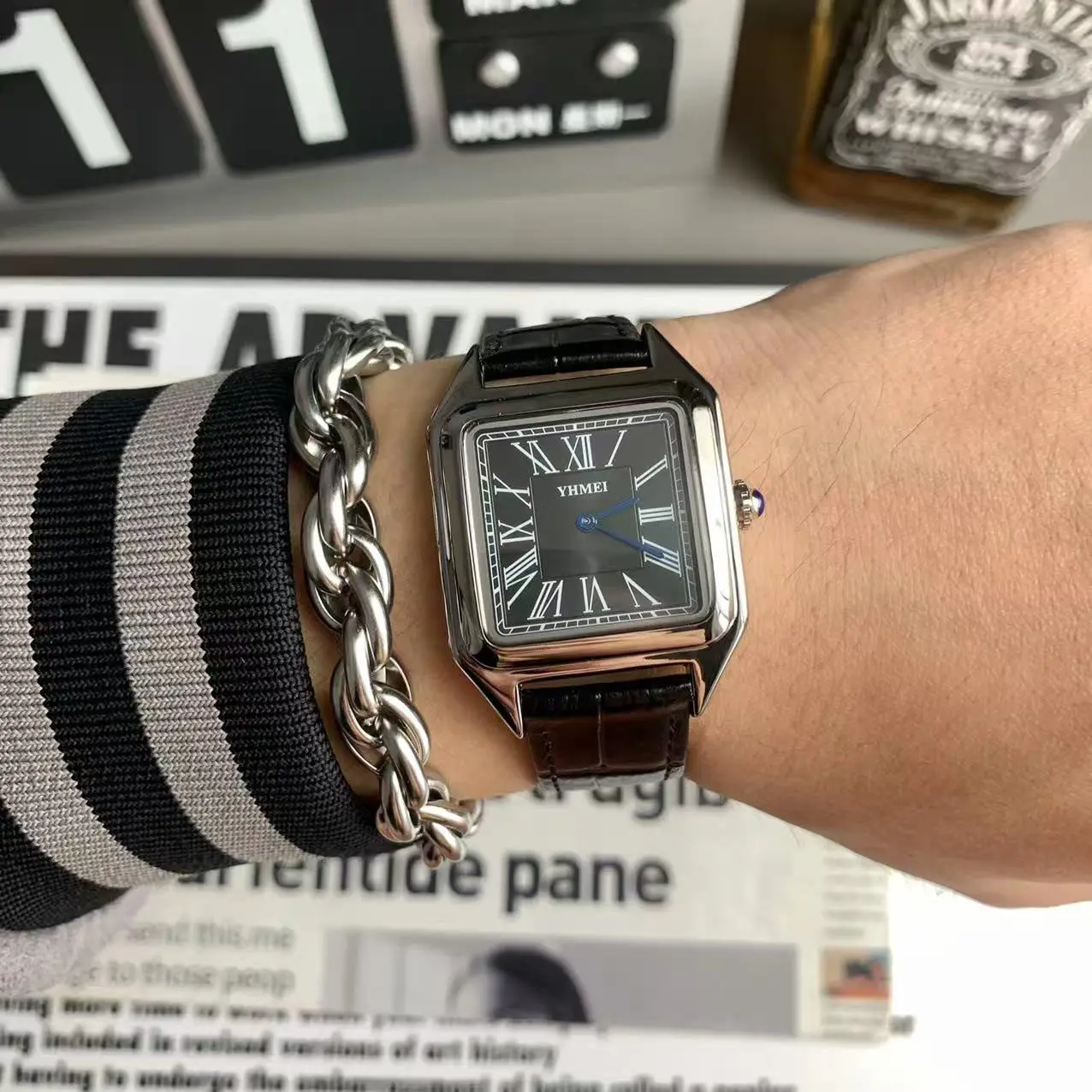 Luxury Watch for Men Square Rectangle Reloj Sliver Orologio Black Leather Strap Stainless Steel Quartz Wristwatch Male Man Clock