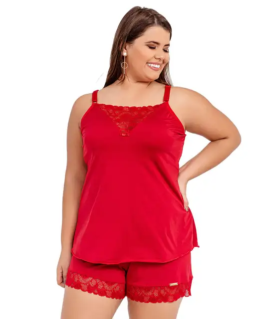 Pijama Baby Doll Short Doll IMI Lingerie Em Microfibra E Renda Plus Size Roupa De Dormir Cecília