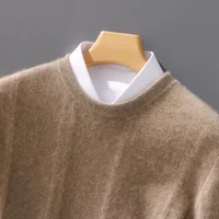100% Merino Wool Sweater Men's Round Neck Thickened Tops Autumn Winter New Soft Warm Casual Solid Color Knitted Pullover 1
