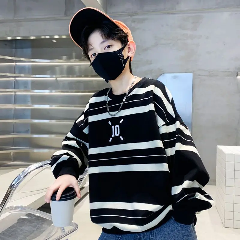 Kids Sweater Hoodie Sweatshirts Spring Autumn Boys Cotton Loose Contrast Striped School Track Pullover Tops 5-16 Years