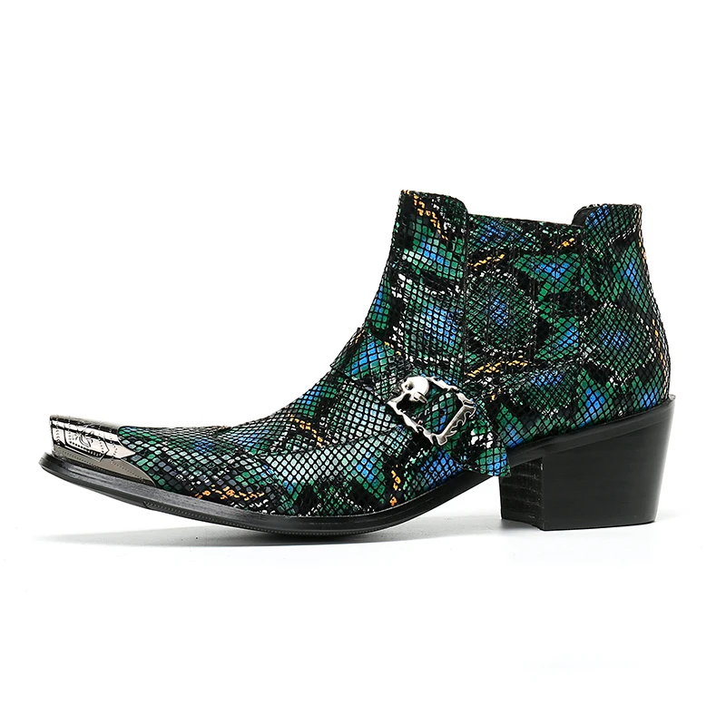 Winter Fashion Men Party Ankle Boots Snakeskin Printing Mens Leather Boots Buckle Strap Male High Heel Short Boots