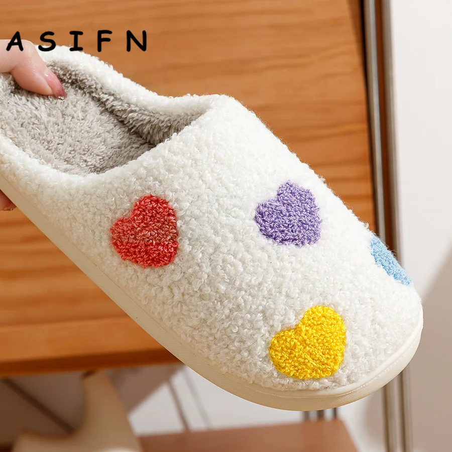 ASIFN Winter Colorful Heart Home Women's Slippers Fuzzy Cute Comfy Flat Funny Love Shoes for Gift Girl Mules Bedroom Slides images - 6