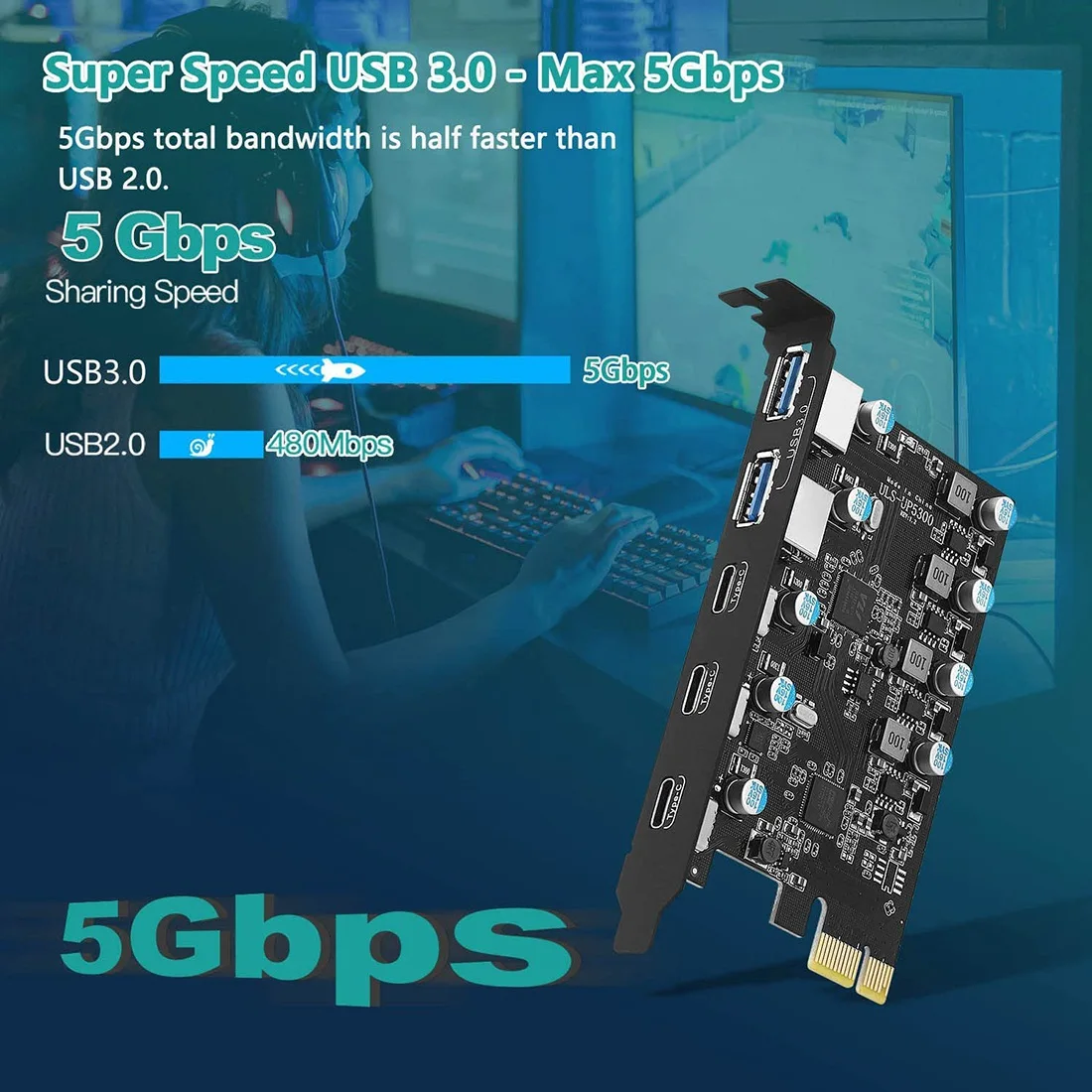 PCI 익스프레스 확장 카드, 윈도우 10, 8/7, 맥 OS 10.8.2 용, 5 포트 확장 카드 (3X USB C,2X USB 3.0-A)