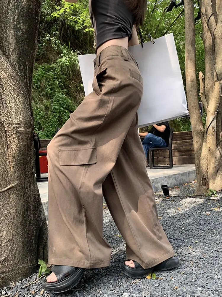 Fashion Korean workwear casual pants women summer American loose versatile high waisted y2k retro street wide leg trousers
