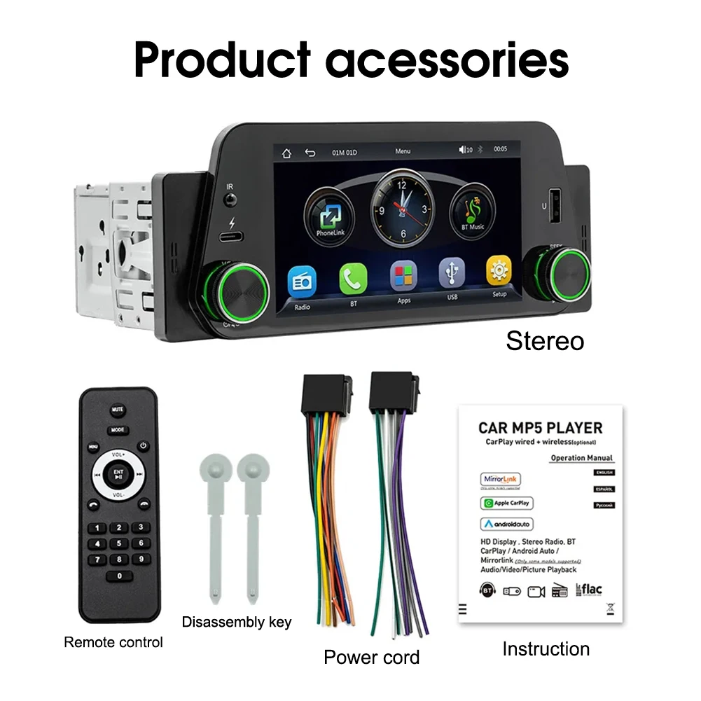 1Din Car Stereo Wireless CarPlay Android Auto Car Radio 5-Inch Touch Screen Bluetooth Handsfree Call USB Mirrorlink Audio System