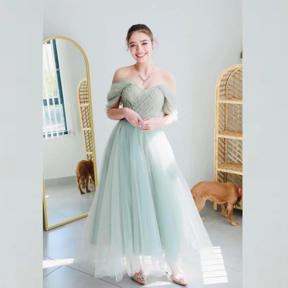 

Prom Dress Evening Tulle Beading Ruched Quinceanera A-line Off-the-shoulder Bespoke Occasion Gown Midi Dresses Saudi Arabia