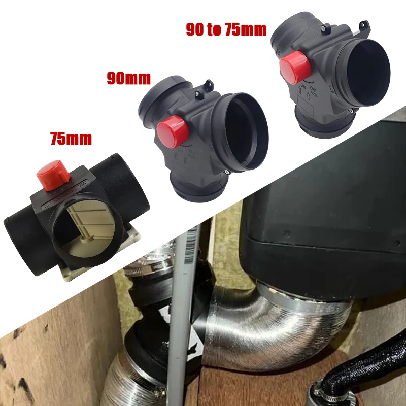 75MM/ 90MM/ 90MM TO 75MM Vavle Flap Adjustable Air Diesel Heater Vent Ducting T Branch Splitter Exhaust Pipe Joiner Connector Heater Duct Connector Car Heater Accessories