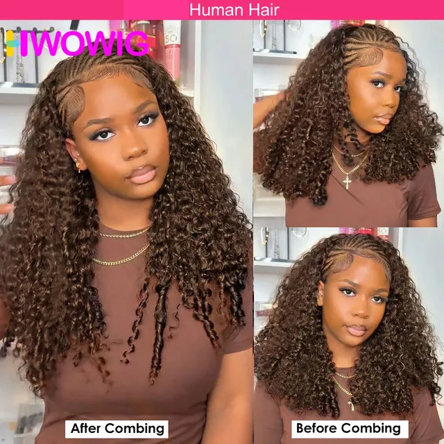 Perruque mi-longue bouclée birmane brun chocolat, cheveux humains vietnamiens sans colle, avec cordon de serrage, clips invisibles, perruque mi-longue 3 en 1 1
