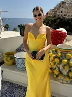 HH 2025 Women Red V-Neck Holiday Style Satin Texture Long Dress Sleeveless Summer Women's Back Zipper Fashion Sling Dresses - Image 5