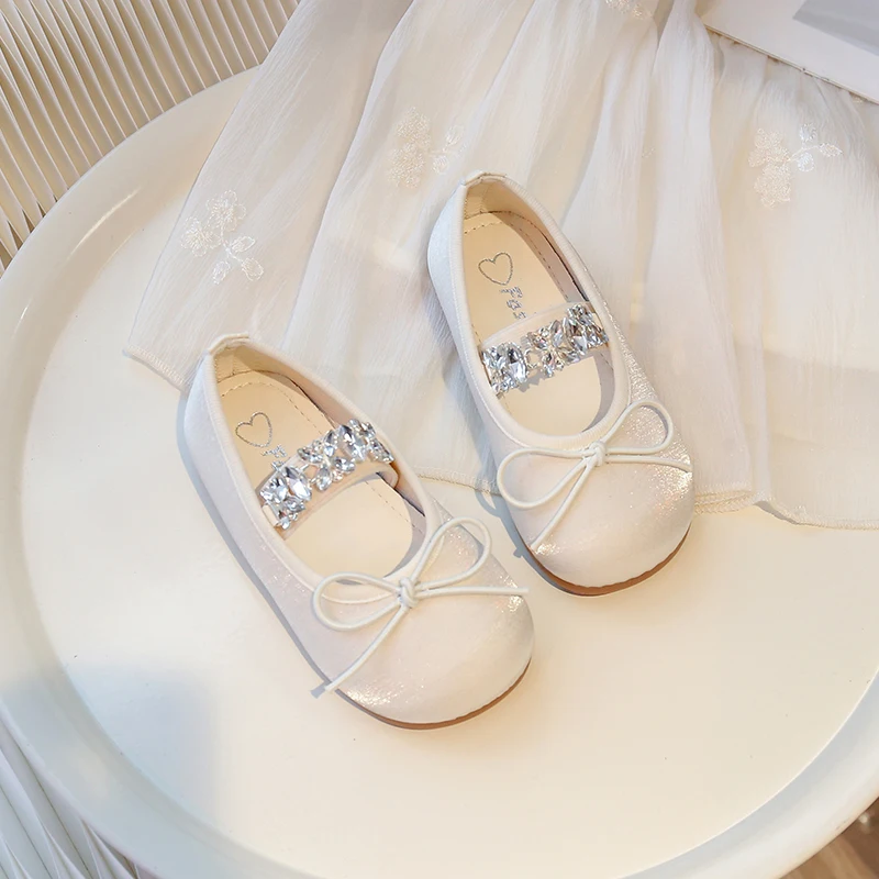 Girl Princess Shoes Purple Beige Crystal Elegant Spring Ballet Flats Bowtie Elastic Band Round Toe 23-34