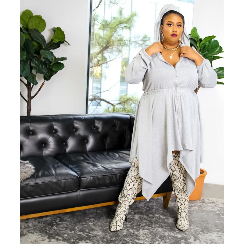 

Women's Clothing Solid Color Autumn and Winter Waist Irregular Sweatshirt Zipper Hooded Dress