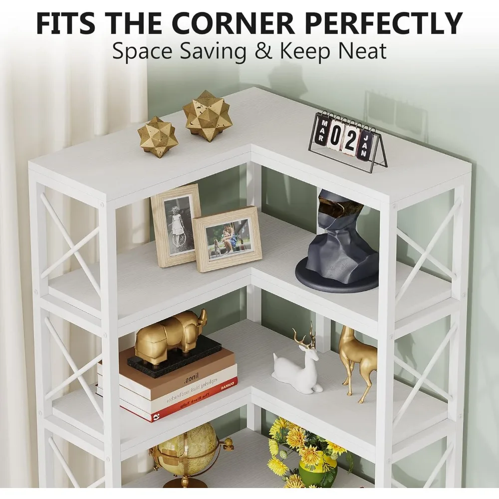7-Shelf Corner Bookshelf,Large Modern Corner Bookcase, 7-Tier Tall Corner Shelf Storage Display Rack with Metal Frame for Livin 6