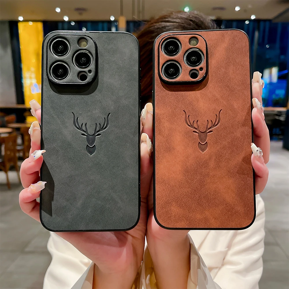 Embossing Deer Case for iPhone 16 15 14 13 12 11 Pro Max Plus Cover PU Leather All-round Anti-fingerprint Camera Shell Fundas