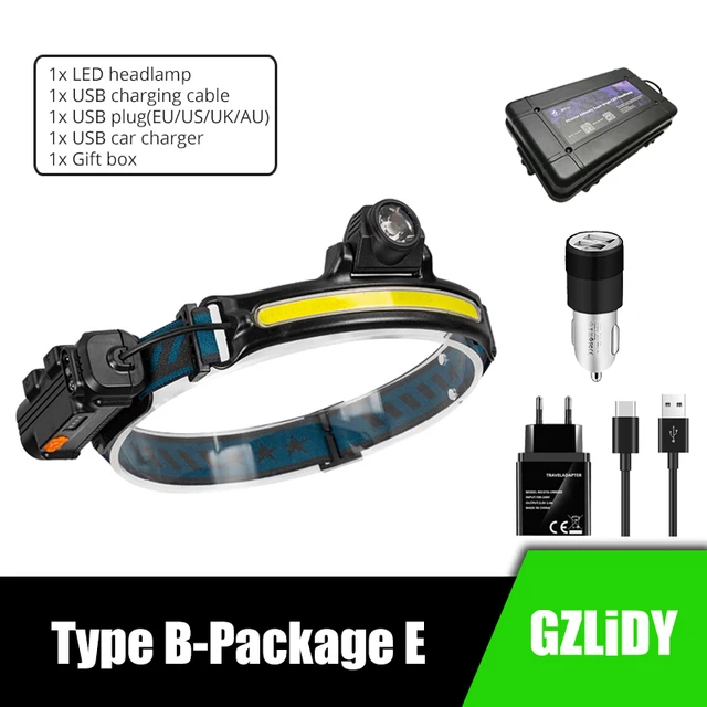 IR Sensor LED Headlamp Powerful XPG+COB Headlight 2000mAh 18650 USB Head Lamp Portable Floodlight Flashlight Waterproof Lantern Type B-Package E