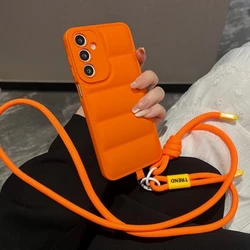 Stylish Down Jacket Crossbody Soft Phone Case with Long Lanyard - Galaxy S23 Ultra (Orange)