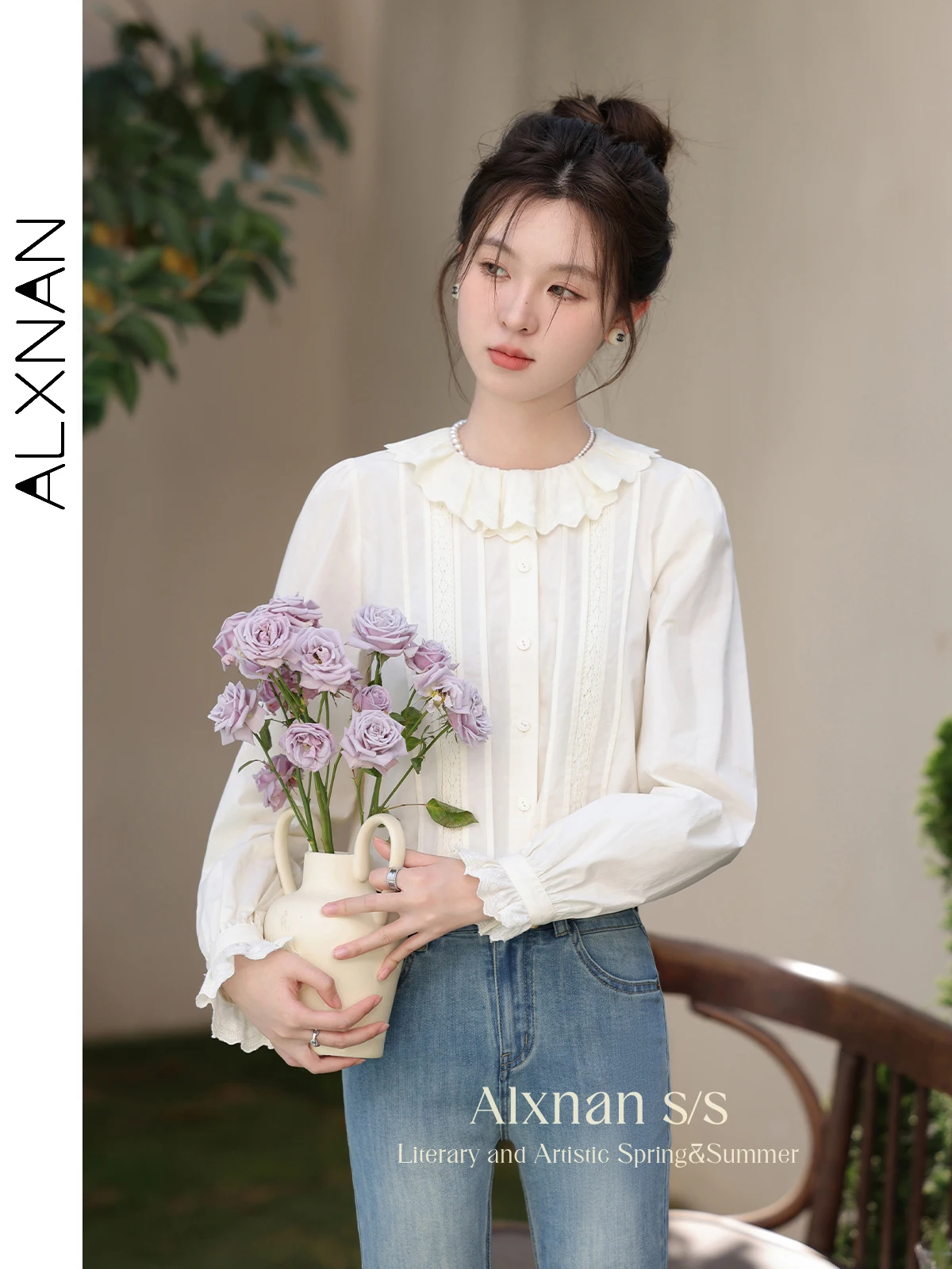 ALXNAN 여성용 캐주얼 루즈 단추 업 코튼 셔츠, 단색 단추 업 긴팔 블라우스 탑, 2024 용수철 여름, L33836