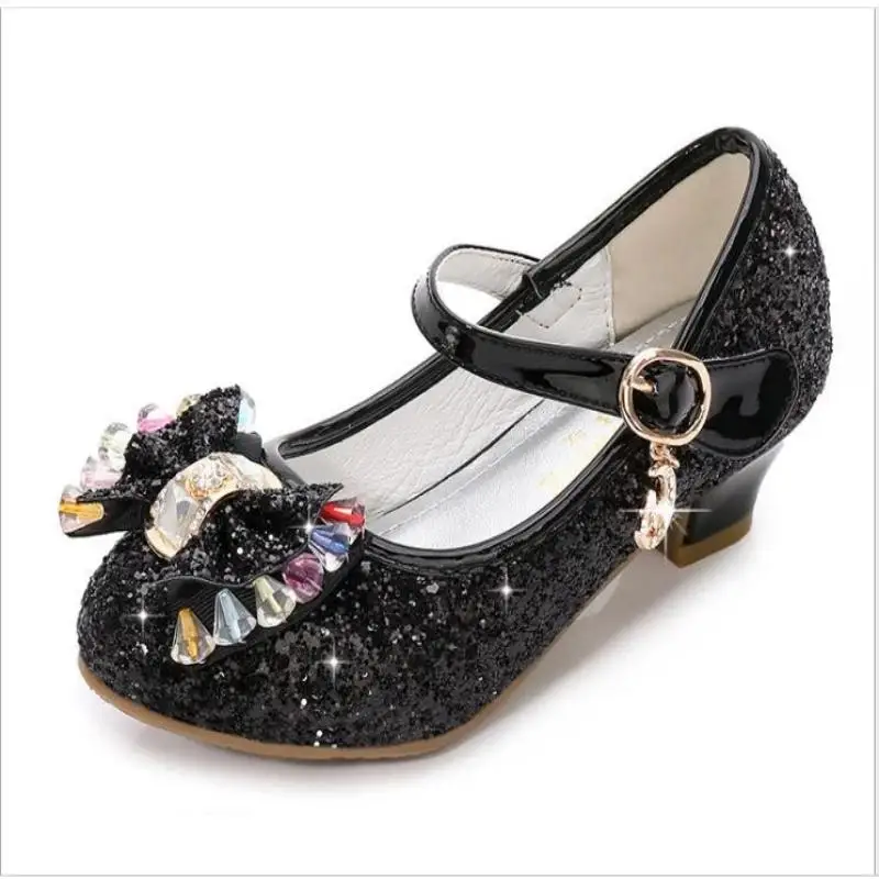 Girls Leather Shoes Princess Shoes Children round-Toe Soft-Sole Big girls High Heel Princess Crystal Single