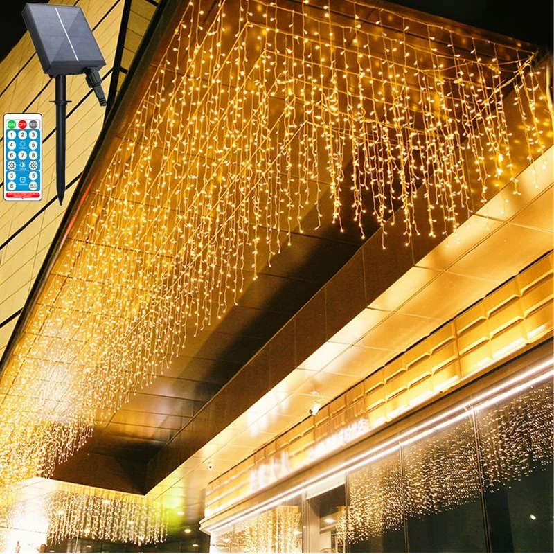 Remote Control Solar Powered LED Curtain String Light 3x1 3x2 3x3 Outdoor Christmas Fairy Lights Garden Home Holiday Decoration