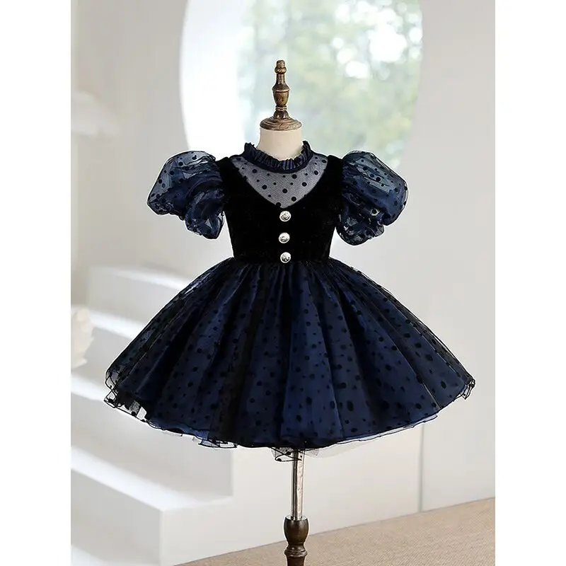 

Birthday Tulle Dress Toddler Kids Flower Girl Wedding Gown Party Wear Princess Dark Blue Dots Lace Baby Girl Christening Clothes