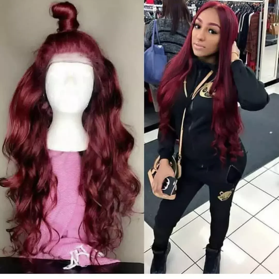 

RONGDUOYI Long Burgundy Synthetic Lace Wigs For Black Women Body Wave Synthetic Wig Pre Plucked Natural Hairline Cosplay Wigs