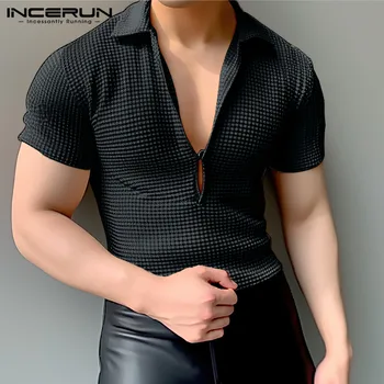 INCERUN 남성용 반팔 니트 카미세타 S-5XL, 딥 V 디자인 티셔츠, 캐주얼 스트리트웨어, 한국 스타일 패션 상의, 2024